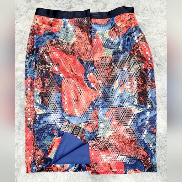 Red/Blue Floral Wolven "Sugared Fleur" Sequin Skirt Set, Small - Picture 4 of 5